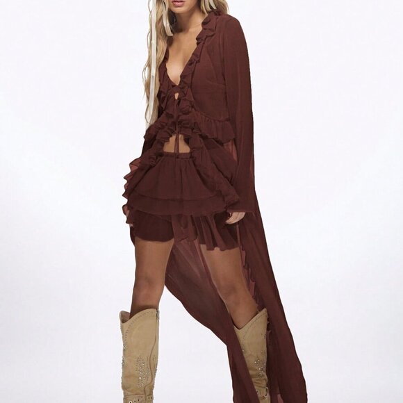 Chocolate Brown Sexy Women's Ruffle Longline Tie Front Top - Picture 1 of 5